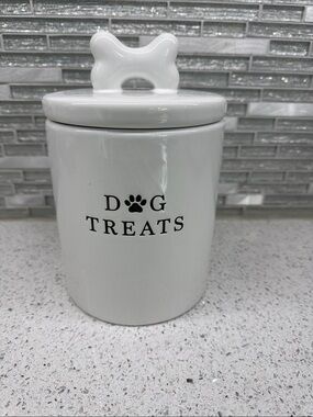 Ceramic Dog Treat Jar with Bone Lid - White